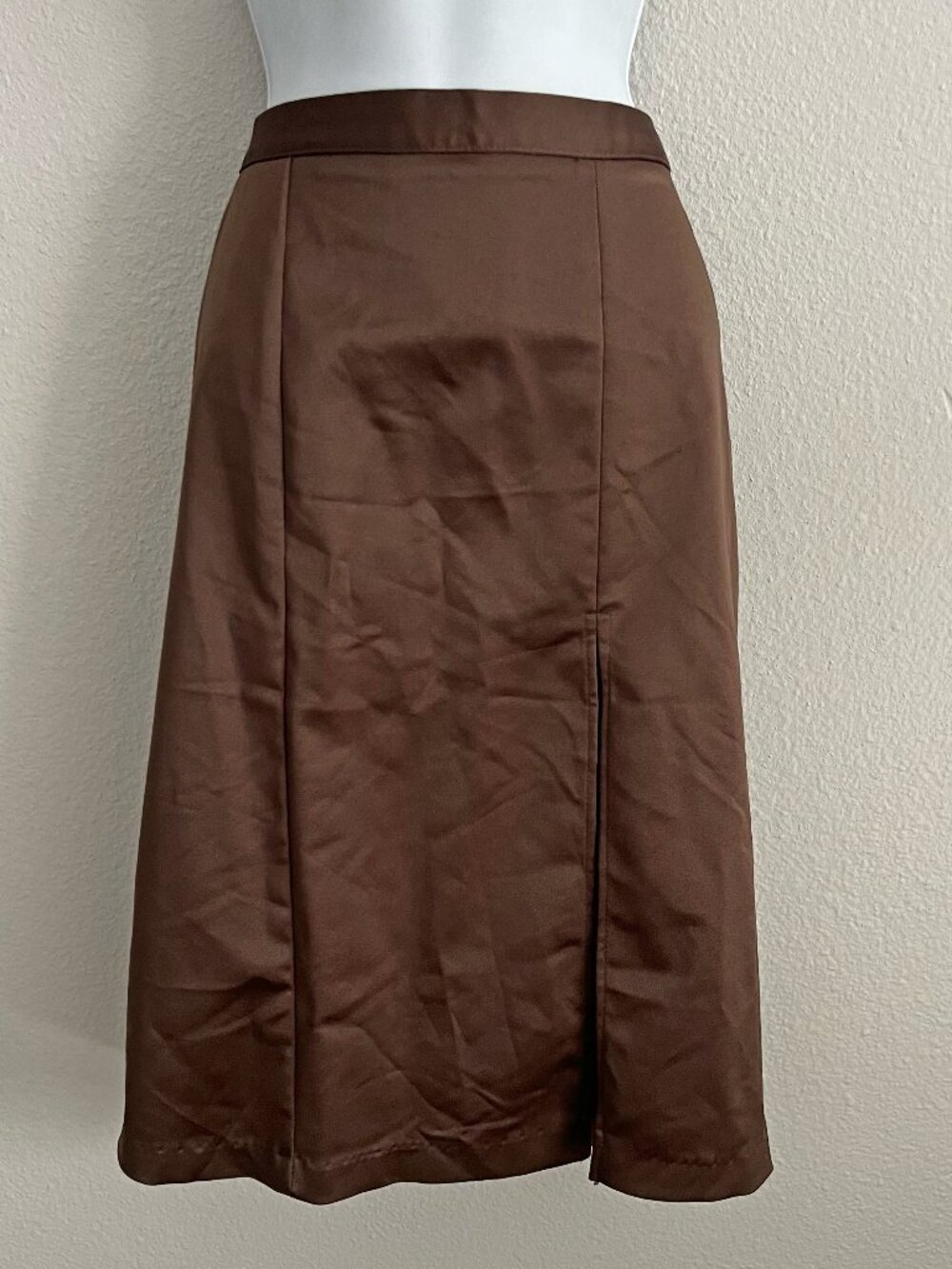 Vintage Chocolate Brown Pencil Skirt Satin Front Slit Minimalist Office Size M